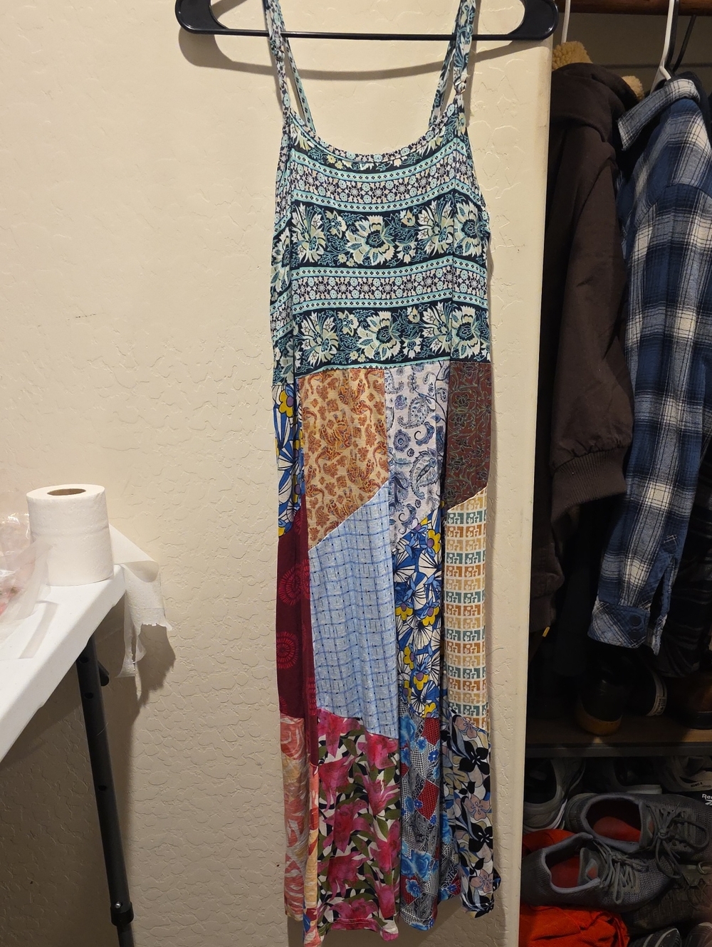 Blue Sky Multicolor Patchwork Maxi Dress - Blue, Pink, Yellow, Cream, Red